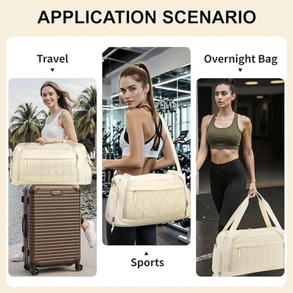 MOSISO Gym Bag for Women, Travel Duffle Weekender Overnight Workout Carry on Gym Duffle Bag with Shoe Compartment&Wet Pocket&Front Quilted Grid Pocket for Fitness, Yoga, Weekend, Beige