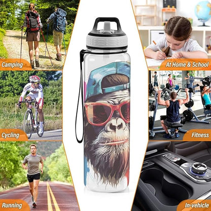 ALAZA Cool Monkey Sports Water Bottle with Straw Tritan Drink Bottle 32 oz BPA Free Reusable for Travel Outdoor Fitness