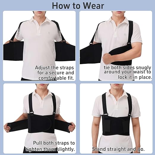 Work Back Brace for Men and Women Shoulder Straps Pain Relief Lower Support Belt With Suspenders Adjustable Workout Warehouse Heavy Lifting Safety Protection Construction Moving Black Large