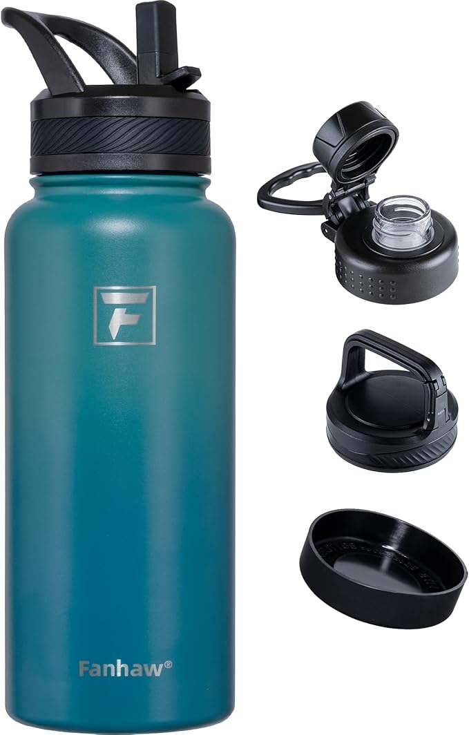 Fanhaw 32 oz Insulated Water Bottle – Portable Stainless Steel Flask with 3 Lids (Straw, Spout, Carabiner) | Leakproof, for Gym, Hiking, Work, Travel & Everyday Use (Green Blue)