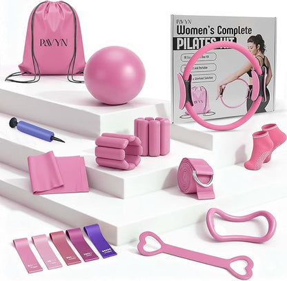Pilates Kit 16- Pieces with Adjustable Resistance – Fitness Ring, Exercise Ball, Bands, Wrist Weights & Essential Pilates Equipment for Home Workouts - Versatile Fitness Accessories