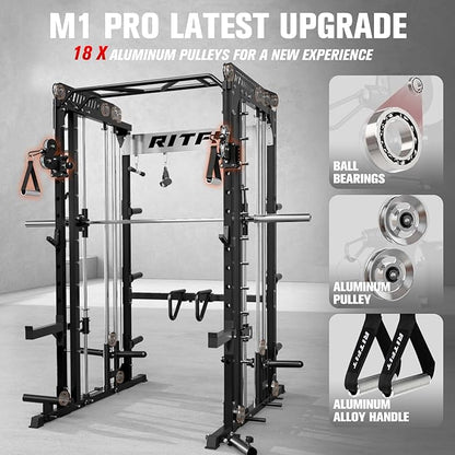 RitFit M1 Pro Smith Machine with Cable Crossover System, Multi-Function Squat Rack Power Cage for Home Gym, Power Rack and Packages