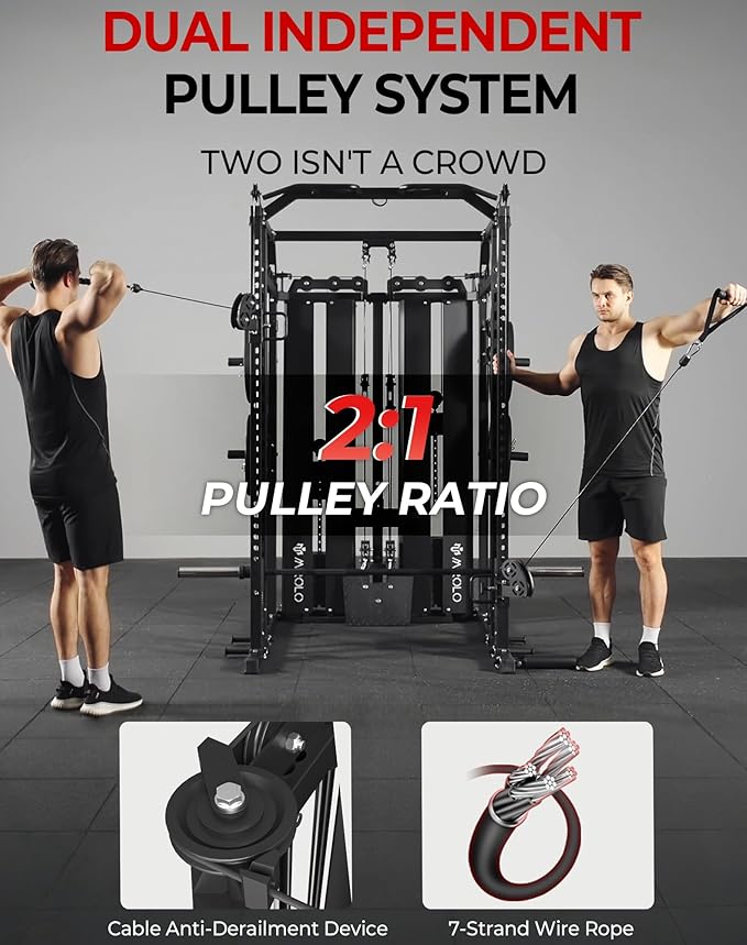 Mikolo Smith Machine with Weight Stack, Power Cage Home Gym System with LAT Pulldown & Cable Crossover, Multi-Functional Trainer with Dual Pulley System, Includes 10+ Free Attachments