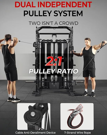 Mikolo Smith Machine with Weight Stack, Power Cage Home Gym System with LAT Pulldown & Cable Crossover, Multi-Functional Trainer with Dual Pulley System, Includes 10+ Free Attachments