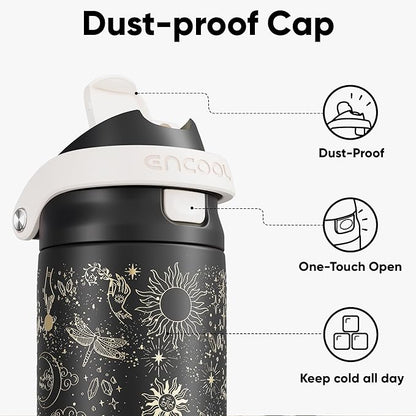 ENCOOL Leakproof Insulated Water Bottle with Straw Dual-Sip Water Bottle Bag-Safe Design for Work, Commute & Gym – Keeps Drinks Cold All Day, 24 oz, Oracle Moth