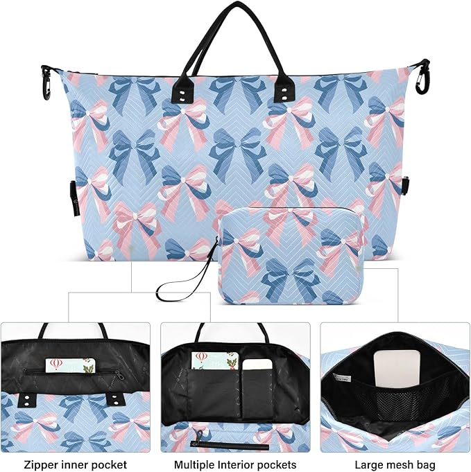 Weekender Bags Travel Duffel Gym Bag Carry on Overnight Tote Bag with Toiletry Bag for Airplane Travel Trip Gym Yoga (Ribbon Bow Sea)