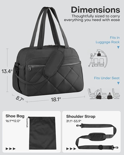 HOTOR Gym Bag for Women - Lightweight Travel Duffle Bags with Wet Pocket & Separate Shoe Bag, Multi-Pocket Carry on Weekender Duffel for Sports, Fitness, Overnight Trip, Black, 18.1" x 8.7" x 13.4"