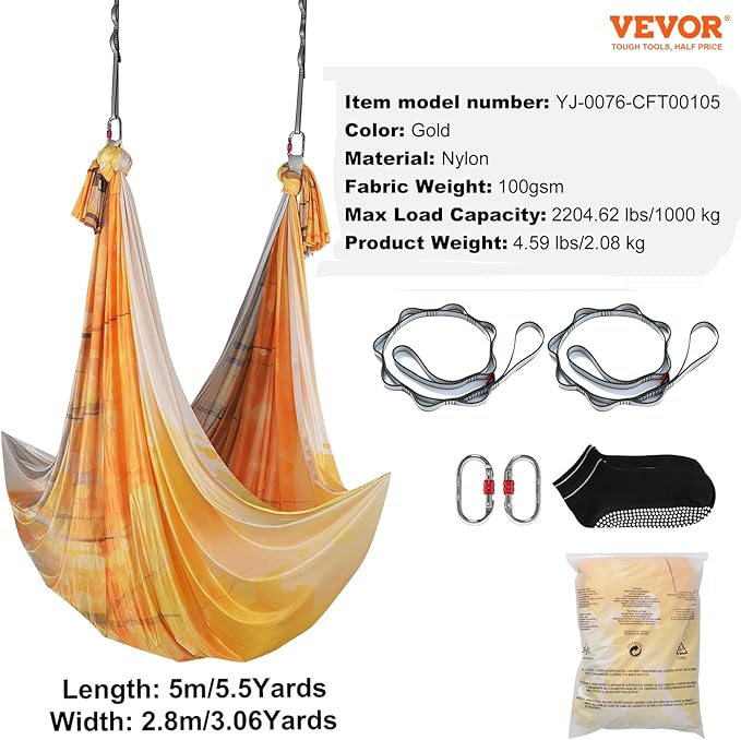 VEVOR Aerial Silk & Yoga Swing, Aerial Yoga Hammock Kit with 100gsm Nylon Fabric, Full Rigging Hardware & Easy Set-up Guide, Antigravity Flying for All Levels Fitness Bodybuilding