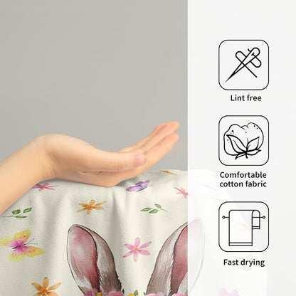 Cute Bunny Hand Towels for Bathroom 14"x28" Set of 2 Happy Easter Rabbit Kitchen Towel Spring Flower Butterfly Bath Towels Super Soft Absorbent Tea Dish Towels for Yoga Gym Bath Shower