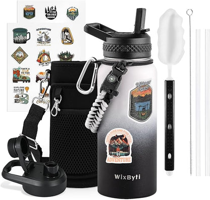 32 oz Insulated Water Bottle with Straw, Stainless Steel Triple Wall Vacuum Sports Water Jug, Leakproof Hydro Cup Flask with Paracord Handle & Straw Spout Lids & DIY Stickers