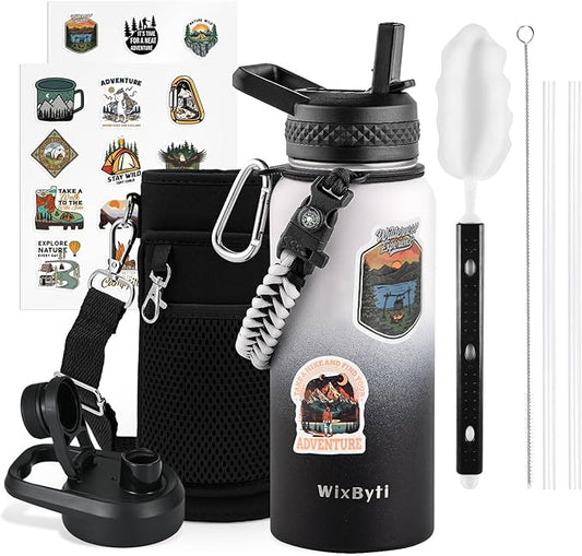 32 oz Insulated Water Bottle with Straw, Stainless Steel Triple Wall Vacuum Sports Water Jug, Leakproof Hydro Cup Flask with Paracord Handle & Straw Spout Lids & DIY Stickers