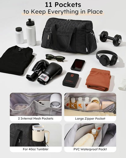 Puffer Gym Bag for Women, Quilted Weekender Bag for Travel, Lightweight Carry on Duffle for Sports Workout Dance Ballet Yoga Gymnastics Hospital with Wet Pocket, Black