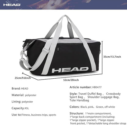 HEAD 45L Black Waterproof Gym Duffel Bag for Women Men, Large Capacity Weekender Overnight Bag with Detachable Strap, Lightweight Travel Tote for Fitness, Yoga & Business Trips