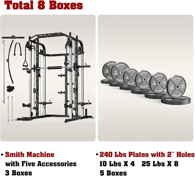 Smith Machine, Multifunctional Power Cage Rack with Smith Bar and Cable Pulley System, and LAT Pull Down Machine for Home Gym…