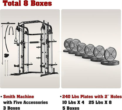 Smith Machine, Multifunctional Power Cage Rack with Smith Bar and Cable Pulley System, and LAT Pull Down Machine for Home Gym…