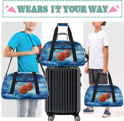 Custom Basketball Sports Bag for Men Boys, Personalized Sport Bag Travel Overnight Small Duffel Bag Gymnastics Workout Sleepover Overnight Bag, Watercolor Blue Galaxy Starry Sky