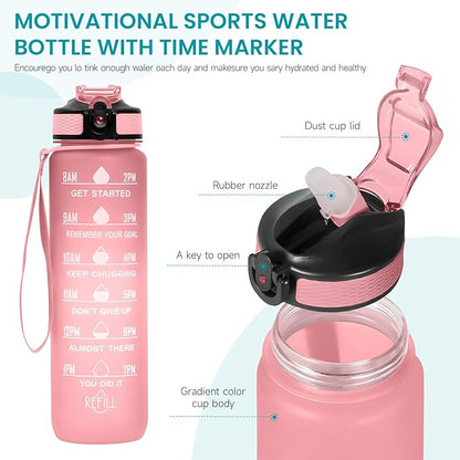 32 oz Motivational Water Bottle with Time Marker,Water Bottles with Times to Drink and Straw with Carrying Strap,Perfect For Fitness Gym Outdoor,BPA Free (Pink)