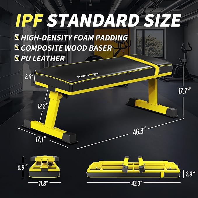 Foldable Flat Weight Bench - 1300 LB Capacity Heavy Duty Workout Bench for Home Gym, Strength Training Bench Press for Full Body Exercise, Featuring an Innovative Fully Enclosed Steel Base