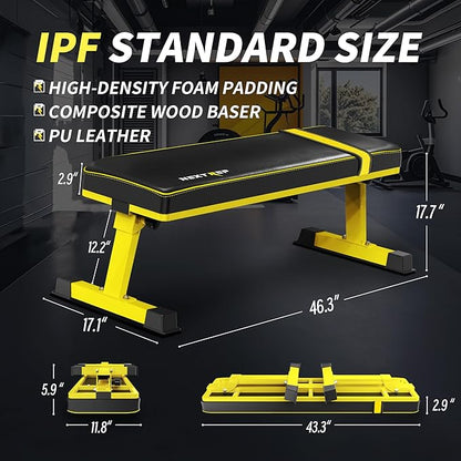 Foldable Flat Weight Bench - 1300 LB Capacity Heavy Duty Workout Bench for Home Gym, Strength Training Bench Press for Full Body Exercise, Featuring an Innovative Fully Enclosed Steel Base