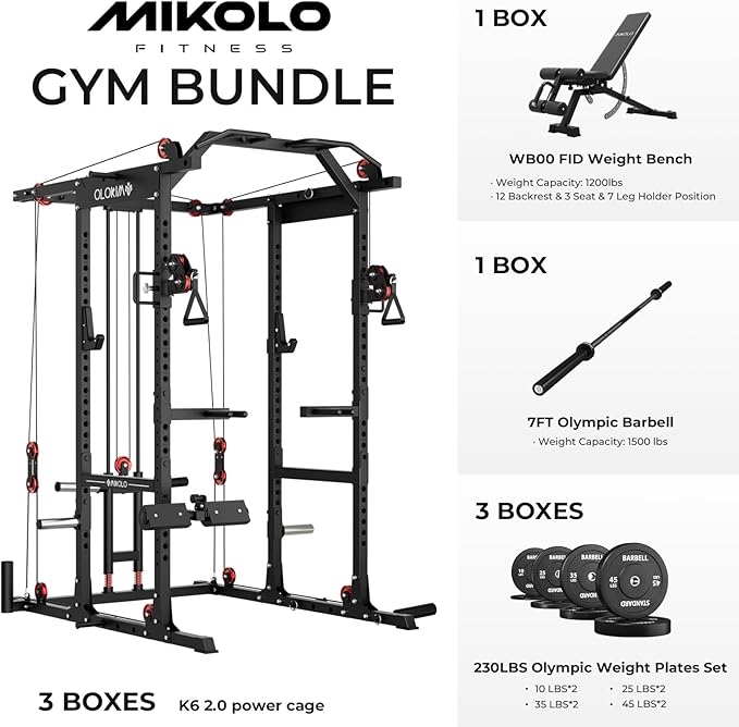 Mikolo K6 2.0 Power Cage, Power Rack with Cable Crossover System, 2000LBS Squat Rack with LAT Pull Down System, Functional Trainer with Aluminum Pulley System for Home Gym