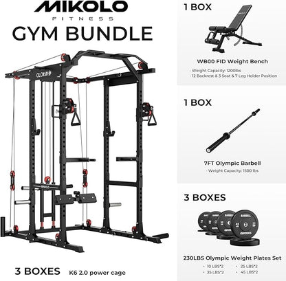 Mikolo K6 2.0 Power Cage, Power Rack with Cable Crossover System, 2000LBS Squat Rack with LAT Pull Down System, Functional Trainer with Aluminum Pulley System for Home Gym