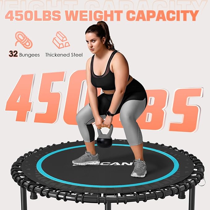BCAN BT2 450/550LBS Mini Rebounder Trampoline for Adults with Bar, Fitness Trampoline with Bungees, Adjustable Handle, Stable & Quiet, Indoor Outdoor, Whole-Body Workout & Relaxation at Home-40IN/48IN