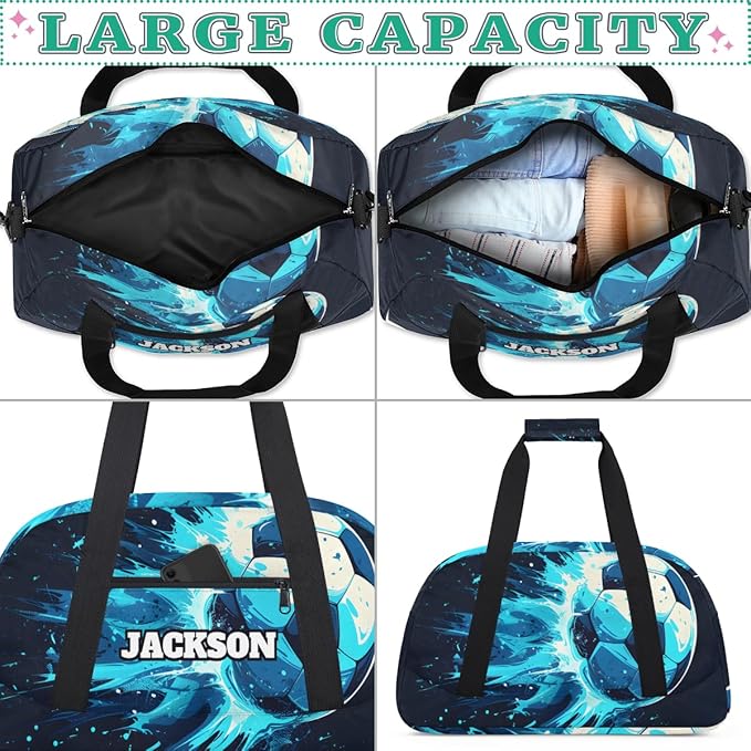 Personalized Soccer Gym Duffel Bags for Kids Boys with Custom Name Sport Training Travel Bags for Overnight Weekender, Black Cyan