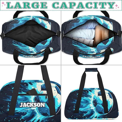 Personalized Soccer Gym Duffel Bags for Kids Boys with Custom Name Sport Training Travel Bags for Overnight Weekender, Black Cyan