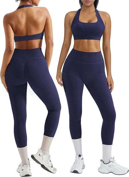 OMKAGI 2 Piece Workout Sets for Women Halter Sports Bras Gym Sets Booty Leggings Outfits