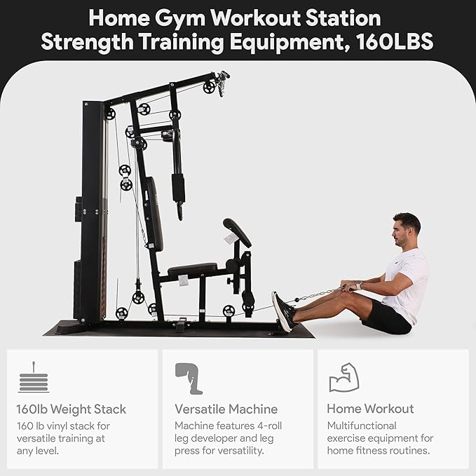 BalanceFrom Multifunctional Steel Frame Home Gym Machine with Floor Mat – Strength Training Workout Station with 160-Pound Weight Stack, Lat Pull & Low Row Bars, 4-Roll Leg Developer & Press