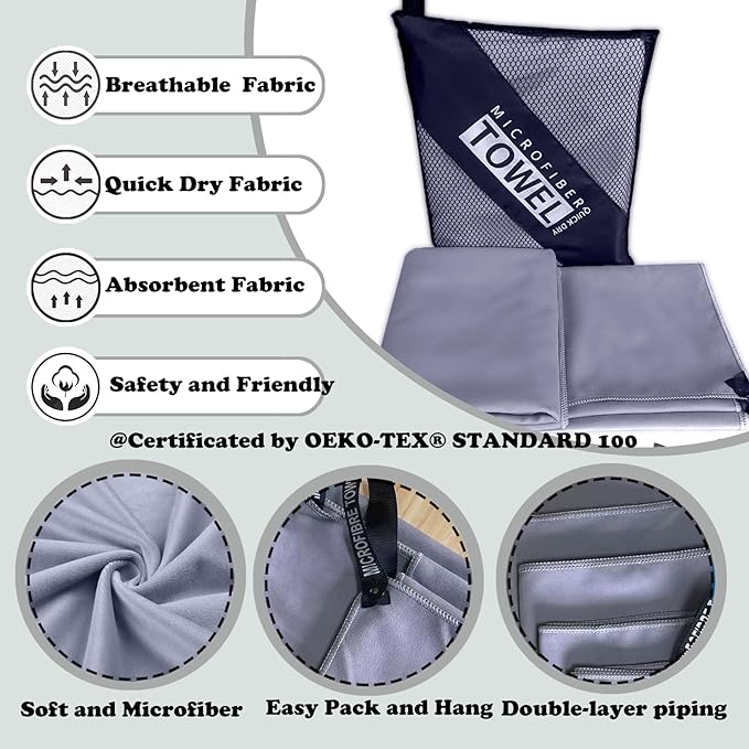 Reusable Quick Dry Beach Towels,Microfiber Travel Towel,Compressed Lightweight Bath Towel for Beach Hiking Gym Yoga Travel Sports Swimming Camping(Grey, 16"*32")