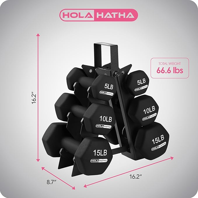 HolaHatha 2, 3, 5, 8, and 10 Pound Neoprene Dumbbell Free Hand Weight Set with Rack, Ideal for Home Exercises to Gain Tone and Definition, Pastel