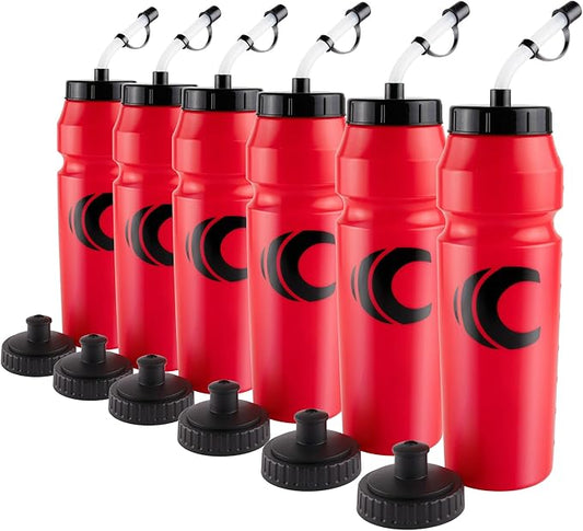 Cannon Sports 1 Liter Sports Water Bottle, BPA-Free, 34 Oz Capacity, Large Mouth, 2 lids (Straw and Squeeze), Great For Helmet Sports Such As Hockey, Lacrosse, Football, Boxing (6 Pack) (Red)