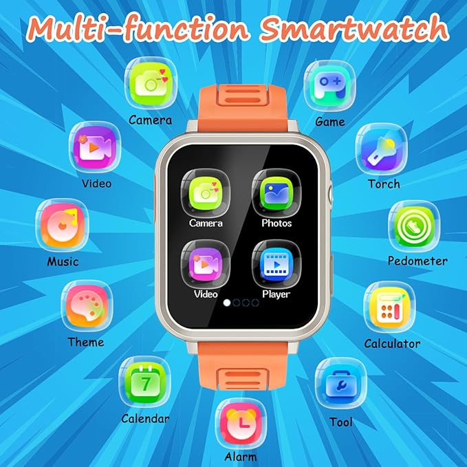Kids Smart Game Watch with 24 Games HD Touch Screen Video Camera Music Player Pedometer Flashlight Alarm Clock 12/24 hr, Gifts for 5-12 Year Olds Boys Orange