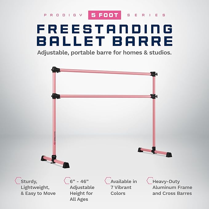 VITA Barre Portable Freestanding Double Ballet Barre, Prodigy, Aluminum | Adjustable Height, USA Made, Home or Gym Exercise Equipment for Kids & Adults | Dance, Fitness, Pilates