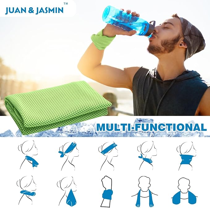 JUAN & JASMIN 2 Pack Cooling Towels (19.5"x15"), Soft Breathable Chilly Towels, Super Absorbent, Ice Wraps, Towels-Ideal for Hiking, Running, Workout, Gym, Dancing, Camping, Fitness (Green)
