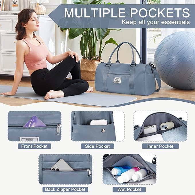Gym Bag for Women with Shoes Compartment Small Duffel Bag Sport bag with Toiletry Bag Overnight Travel Tote Bags Weekender Carry on Bag Personal Item Bags for Airlines Grey Blue