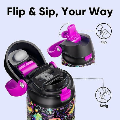 Encool SwiftSip Insulated Stainless Steel Water Bottle with Straw - Leak Proof Sports Water Bottle for School, Travel, Keeps Cold All Day, One-Touch Flip Lid, BPA-Free, 24 oz, Meowgic Night