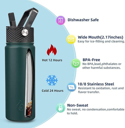 BJPKPK Insulated Water Bottles with Straw Lid, 22oz Cold & Hot Thermo, Stainless Steel Metal Water Bottle with 3 Lids, Reusable Thermo, Cups, Mugs for Daily Use-Army Green