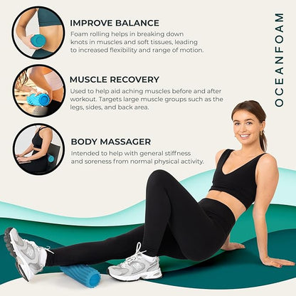 Oceanfoam Ripple Travel Foam Roller (11" x 3.35") Firm Mini Foam Roller for Physical Therapy, Deep Tissue Massage, Back Pain, High Density, Ergonomic Wave Textured, Yoga, Pilate, Exercise (Miami Blue)