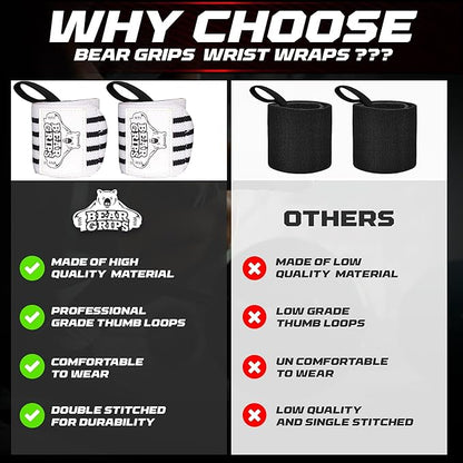 Bear Grips Wrist Wraps for Weightlifting | Weight Lifting Wrist Straps for Weightlifting | Extra Strength Gym Wrist Wraps | Two Wrist Wrap Per Pack | 12” & 18” | Lifting Wrist Wraps for Men & Women