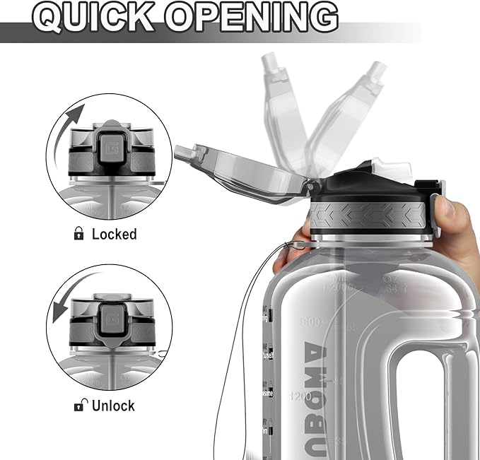 GIFUBOWA 2l Water Bottle with Straw Cap Large 2 litre Jug with Handle and Motivational 64oz Drinking Jug Transparent Grey