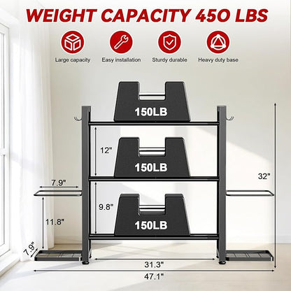 3-Tier Small Adjustable Dumbbell Rack, 450LBS Capacity Home Gym Weight Rack with Yoga Mat Holder & Hooks, Space Saving Workout Equipment Storage Organizer, Tool-free Assembly