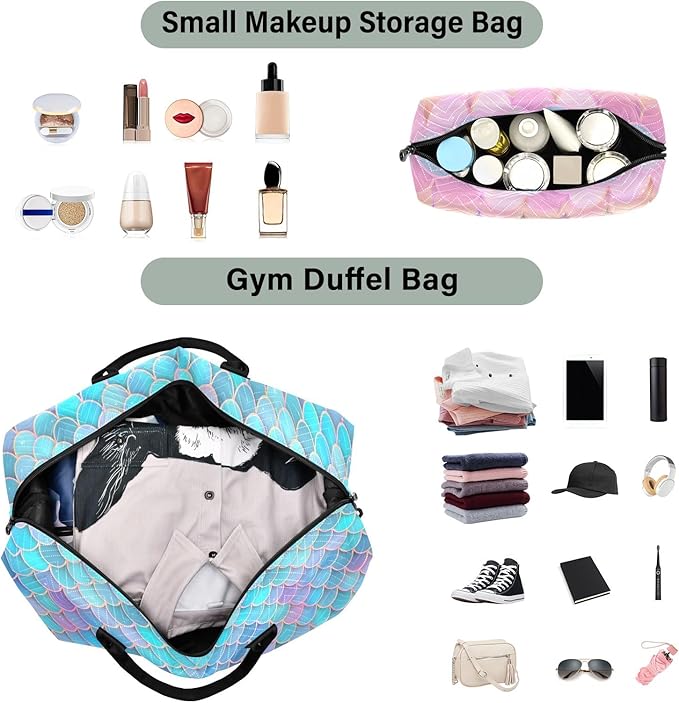 Weekender Bags Travel Duffel Gym Bag Carry on Overnight Tote Bag with Toiletry Bag for Airplane Travel Trip Gym Yoga (Fish Scales Mermaid)