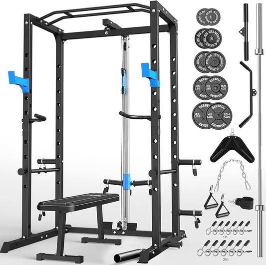 Power Cage, Multi-Functional Power Rack with J-Hooks, Dip Handles, Landmine Attachment and Optional Cable Pulley System for Home Gym