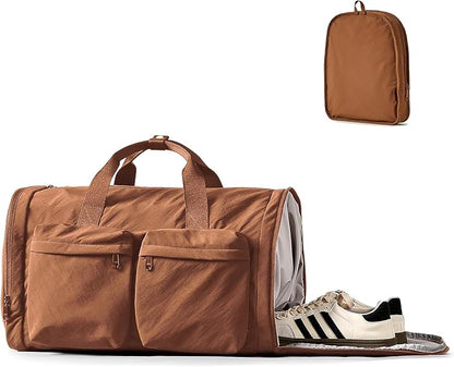 Aji Foldable Gym Bag for Women Men with Shoes Compartment, 3 in 1 Carry on Travel Duffel Bag with Trolley Sleeve, Lightweight&Water Resistant Duffel Bag for Travel, Sports, Fitness&Workout,Warm Brown