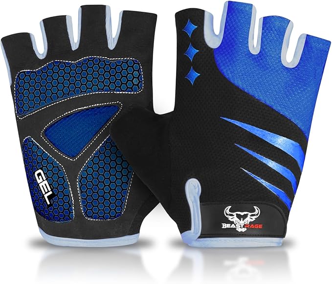 BEAST RAGE Half Finger Cycling Gloves for Men Women, Gel Padded Anti-Slip Shock Absorbing Weight Lifting Gym Gloves Cycle Mountain Bike Gloves for MTB, Biking, Hiking