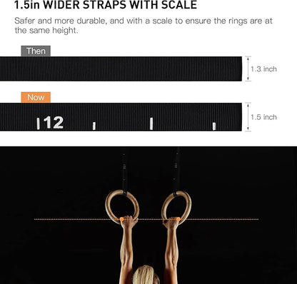 PACEARTH Gymnastics Rings Wooden Olympic Rings 1500/1000lbs with Adjustable Cam Buckle 14.76ft/9ft Long Straps with Scale Non-Slip Gym Rings for Home Gym Full Body Workout