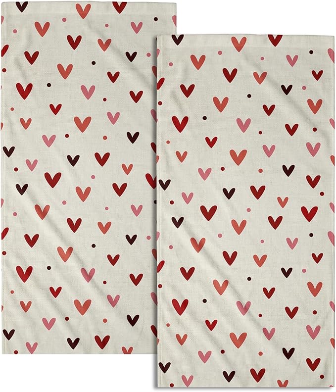 Valentine's Hand Towels Set of 2 Pink Red Love Heart Dot Decor Kitchen Towels 28’’x14’’Happy Holiday Wedding Anniversary Beige Dish Towel Super Soft Tea Towels for Bathroom Gym Spa