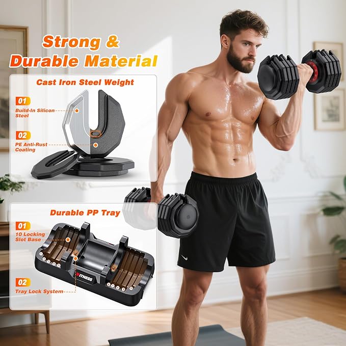 XDDIAS Adjustable Dumbbell Set of 2, 25/55/80/90LB Dumbbell Set- 1-Hand Fast Adjustment with Anti-Slip Handle, Compact Free Weights Dumbbells Set for Men/Women Home Gym Strength Training Equipment